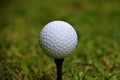 Golf ball on black tee closeup detail Royalty Free Stock Photo