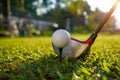Golf ball and Blurred golf club close up in grass field with sunset Royalty Free Stock Photo