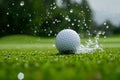 A golf ball is captured in mid-air as it forcefully lands into the water hazard on a golf course, A golf ball landing on the green