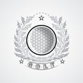 Golf ball in center of silver wreath from holy plant. Sport logo