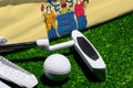 Golf ball and club with flag of New Jersey on green grass. Golf championship in New Jersey