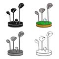 Golf ball and clubs on grass icon in cartoon style isolated on white background. Golf club symbol stock vector Royalty Free Stock Photo