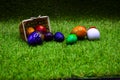 Golf ball with Easter eggs on green grass Royalty Free Stock Photo