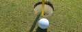Golf ball on the edge of hole on green closeup Royalty Free Stock Photo