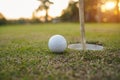 Golf ball on the edge of hole on the green grass with warm tone and sunset Royalty Free Stock Photo