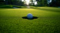 Golf ball on the edge of the hole at sunset, with vibrant green grass and trees in the background Royalty Free Stock Photo
