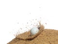 Golf ball explode from sand bunker. Golfer hit ball with club to sand explosion to green. Golf club hit ball in sand bunker