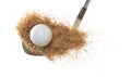 Golf ball explode from sand bunker. Golfer hit ball with club to sand explosion to green. Golf club hit ball in sand bunker