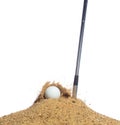 Golf ball explode from sand bunker. Golfer hit ball with club to sand explosion to green. Golf club hit ball in sand bunker