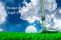 Golf ball and fairway wood on grass and quote Royalty Free Stock Photo