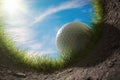 Golf ball is falling into hole. View from inside of hole. 3D rendered illustration. Royalty Free Stock Photo
