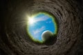 Golf ball is falling into hole. View from inside of hole. 3D rendered illustration. Royalty Free Stock Photo