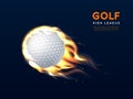 Golf ball in fire. Realistic flying white ball with flame, burning sport object, club strong blow, 3d isolated fast Royalty Free Stock Photo