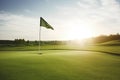 Golf ball and a flag on green hill Royalty Free Stock Photo
