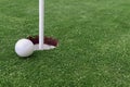 Golf ball and Flagstick of Manicured grass of putting green Royalty Free Stock Photo