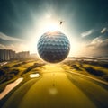 Golf ball flies through air, heading to a perfect landing on green Royalty Free Stock Photo