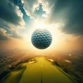 Golf ball flies through air, heading to a perfect landing on green Royalty Free Stock Photo