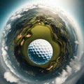 Golf ball flies through air, heading to a perfect landing on green Royalty Free Stock Photo