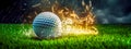 the golf ball flies in the energy of a flash of lightning in a storm, banner