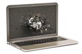 Golf ball flying through broken monitor of laptop, 3D rendering