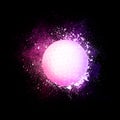 Golf Ball flying in violet particles.