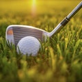 Golf ball and golf club on a grass surface.close-up view Royalty Free Stock Photo