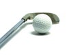 Golf ball and gols club on white background