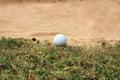 Golf ball on grass near sand Royalty Free Stock Photo