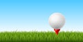 Golf ball grass. Realistic isolated ball on tee stand, panoramic green sport club field. Game starting position, sport Royalty Free Stock Photo