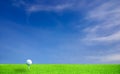 Golf ball on grass under blue sky