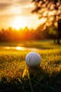 golf ball on a grassy field during a beautiful sunrise. It epitomizes the tranquility of a morning on the golf course