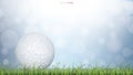 Golf ball on green grass field with light blurred bokeh background. Royalty Free Stock Photo