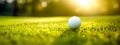 golf ball on a green grass field in nature, sunrise, banner with copy space Royalty Free Stock Photo