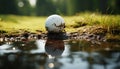 Golf ball on green grass, hitting towards sunset generated by AI Royalty Free Stock Photo