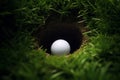 Golf ball green grass hole. Generate Ai Royalty Free Stock Photo