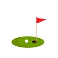 Golf ball on green grass and hole with red flag. Isolated on white background Royalty Free Stock Photo