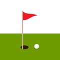 Golf ball on green grass and hole with red flag. Isolated on white background Royalty Free Stock Photo