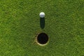 golf ball on green grass with hole and sunlight