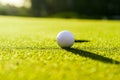 Golf ball on the green grass near hole on a golf course at sunset Royalty Free Stock Photo