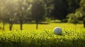 golf ball on green grass with sunlight