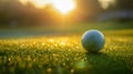 Golf ball on green grass at sunrise, morning light on golf course Royalty Free Stock Photo