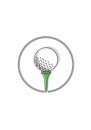 Golf ball on a green tee inside a simple circle. The ball features dimples typical of golf Royalty Free Stock Photo