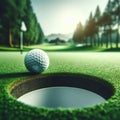 Golf ball hangs on the lip of beautiful golf course hole Royalty Free Stock Photo