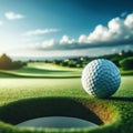 Golf ball hangs on the lip of beautiful golf course hole Royalty Free Stock Photo