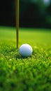 Golf ball hitting green field closeup near wooden stick showing victory club Royalty Free Stock Photo