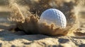 Golf ball hitting sand, creating a dramatic splash of particles in a bunker Royalty Free Stock Photo