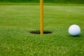 A golf ball in the hole green Royalty Free Stock Photo