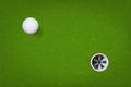 Golf ball and golf hole on green grass background. Vector.