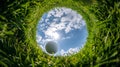 Golf ball in the hole viewed from the ground level, surrounded by green grass against a blue sky with clouds and sunlight Royalty Free Stock Photo