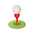 Golf ball icon on red tee, green grass field Royalty Free Stock Photo